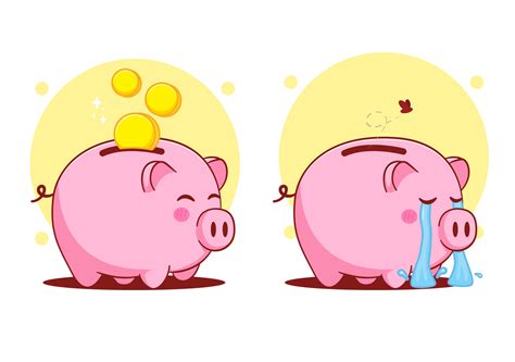 Cartoon Illustration Happy And Sad Piggy Bank Saving Money Concept