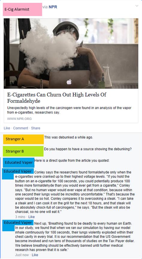 e cigarette alarmist shares npr article about formaldehyde and gets sarcastic fact checked