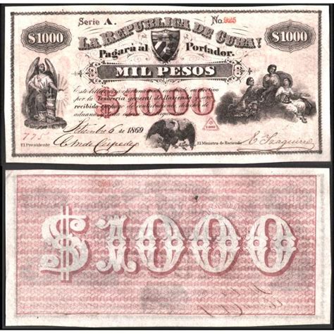 Vintage Cuba Paper Money 1869 Republica De Cuba 1000 Pesos Note
