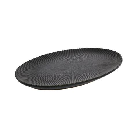 Benjara Bm Ceramic Oval Shaped Plate With Ribbed Pattern Black