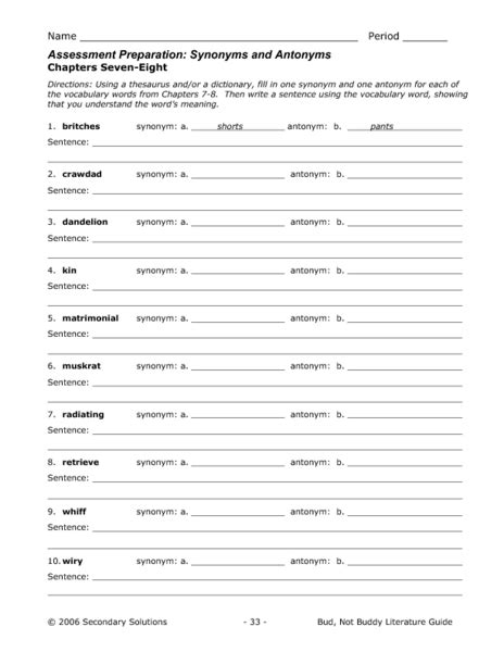Synonym Antonym Worksheet 6th Grade