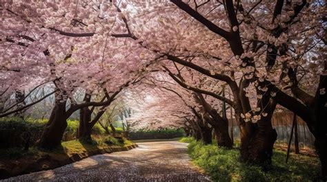 Cherry Blossom Trees Lined Up On A Path Background Cherry Blossoms