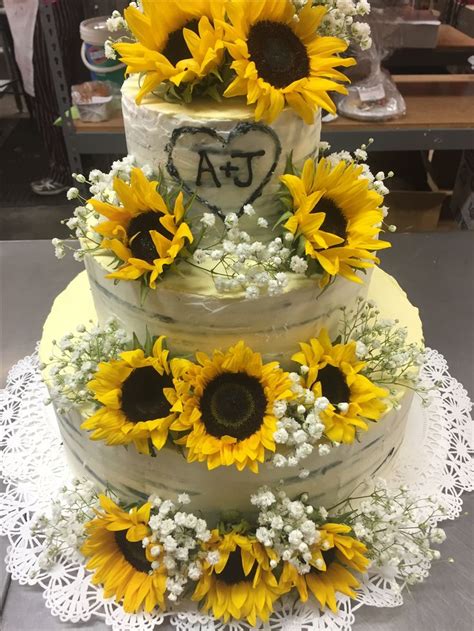 White Birch Buttercream With Fresh Sunflower Wedding Cake Sunflower