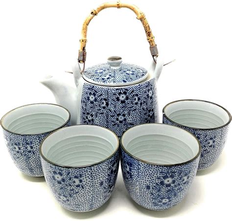 Unique Japanese Porcelain Small Tea Set Relief Porcelain Cobalt Blue