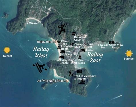 Railay Map Showing Railay East Vs West Beaches Hotels Trails Sunset