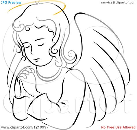 Clipart Of A Black And White Praying Angel Girl With A