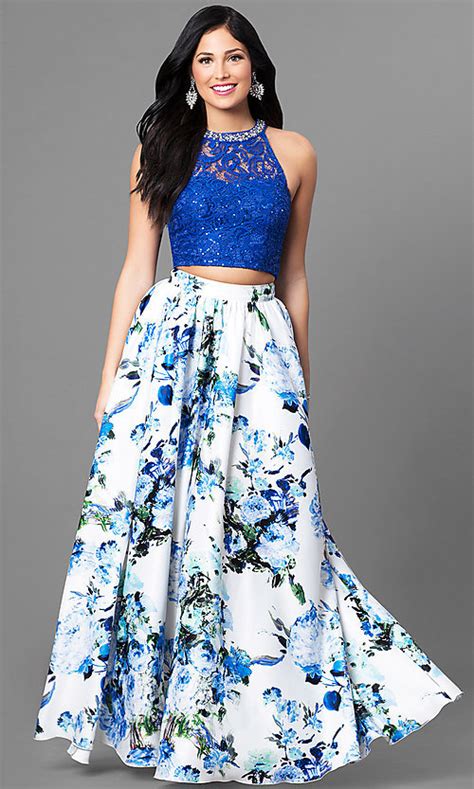 Ivory And Blue Print Two Piece Prom Dress Promgirl
