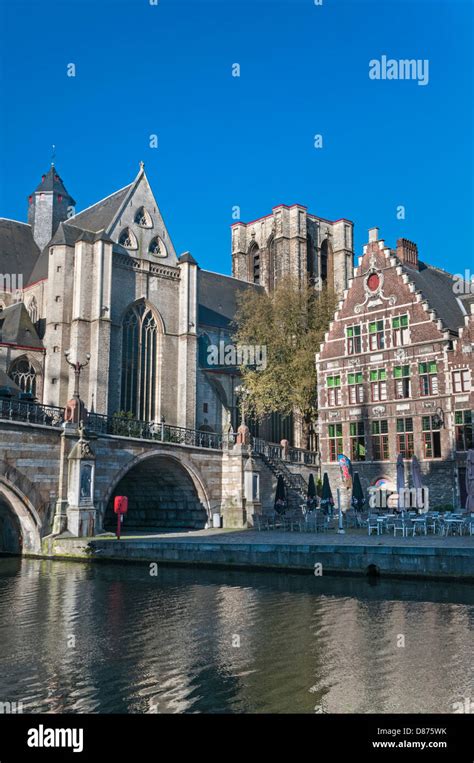 St Michaels Church And Bridge With Guild House Ghent Belgium Stock