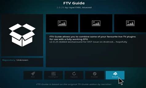 Ftv guide allows you to combine some of your favourite live tv plugins for use with a fully working epg. How to Install FTV Guide addon Kodi 17 Krypton - Whyingo ...
