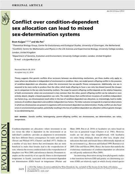 Pdf Conflict Over Condition Dependent Sex Allocation Can Lead To Mixed Sex Determination Systems