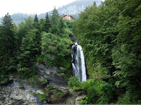 The Sky Trees Mountains House Waterfall Switzerland Reichenbach