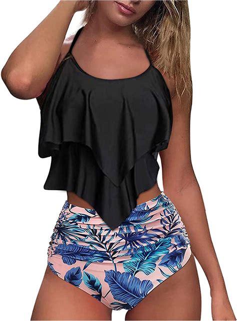 Amazon Com Swimsuits For Women Two Piece High Waisted Ruffled Bathing Suits Vintage Sexy Split