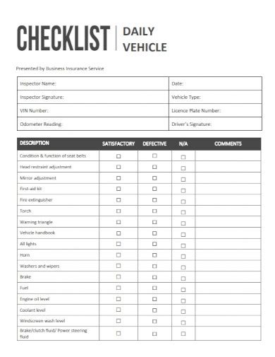 Daily Vehicle Checklist Examples How To Make Format PDF