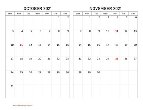 Printable 3 Month Calendar October November December 2021 Printable