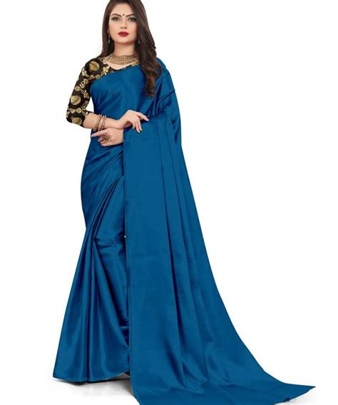 Rama Blue Rich Satin Traditional Wear Plain Saree With Blouse Rahithya Exports 3697356