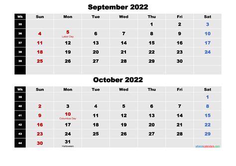 September And October 2022 Calendar With Holidays