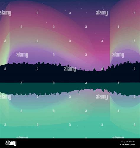 Northern Lights Forest Lake And Reflection Stock Vector Image And Art