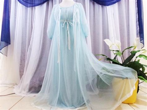 Vtgs2pc Set Blue Miss Elaine 3 Layer Sheer Chiffon Vintage Nightgown