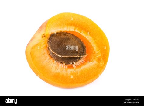 Apricot Half With Fruit Kernel On White Background Closeup Stock Photo