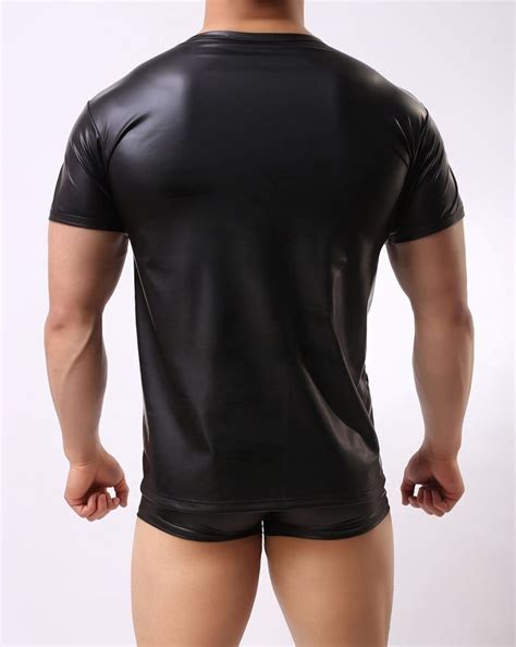 Faux Leather T Shirt Men Tshirts O Neck Short Sleeve Male Top Tees
