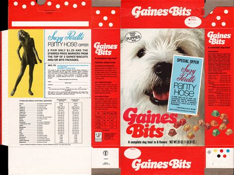 Original vintage magazine ad for gaines burgers dog food. General Foods Gaines Bits box file flat (panty hose offer ...