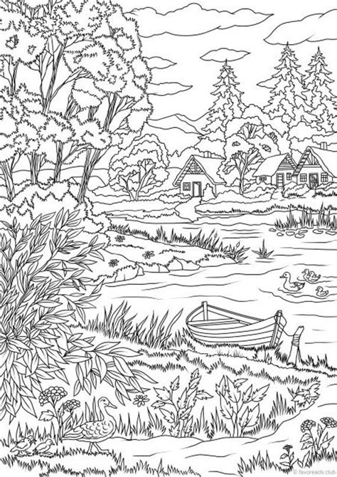 Color this beautiful village imbued with the spirit of christmas. Lake View Printable Adult Coloring Page from Favoreads | Etsy