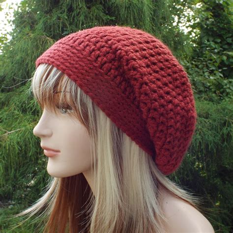 Vermilion Red Slouchy Beanie Womens Crochet Hat Oversized Slouch