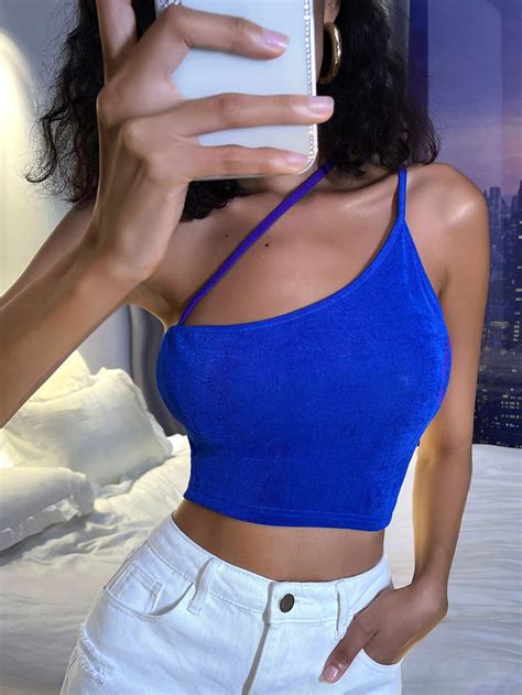 Shein Tall Solid One Shoulder Crop Top Blue Crop Top Outfit Crop Top Outfits Royal Blue Top
