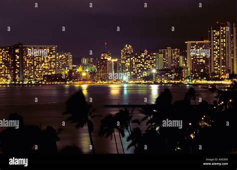 Honolulu Skyline At Night Hawaii Usa August 1996 Stock Photo Alamy