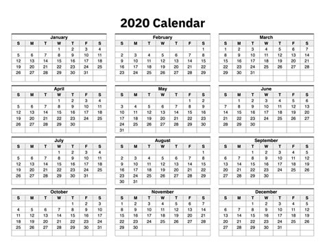 2020 Year Calendar Printable One Page