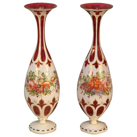 Antique Pair Of Ruby Cranberry Overlay Bohemian Glass Vases For Sale At 1stdibs
