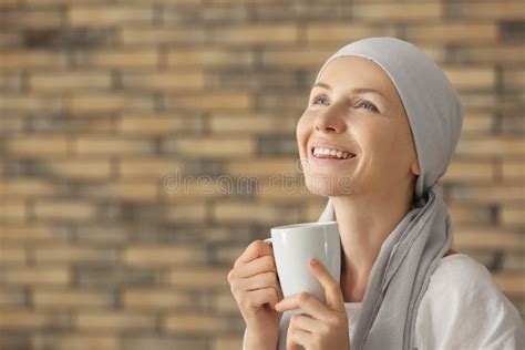 Happy Woman After Chemotherapy Drinking Tea At Home Stock Image Image Of People Headscarf