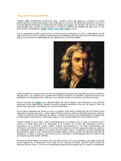 Biografía De Isaac Newtondocx Las Leyes Del Movimiento De Newton