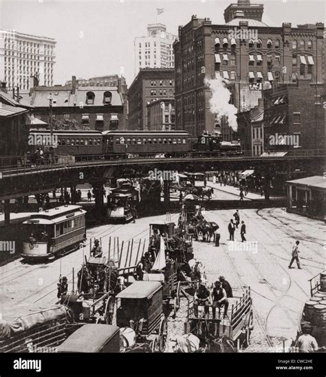 New York Citys Erhöhte Eisenbahn Auf Manhattans South Ferry Im Jahre