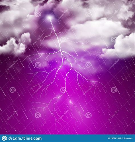 Realistic Illustration Of Autumn Purple Night Thunderstorm With Heavy