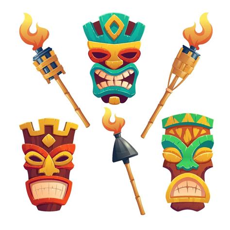 Tiki Masks Hawaiian Tribal Totem And Torches 15008133 Vector Art At