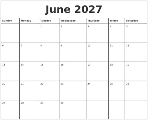 June 2027 Printable Monthly Calendar