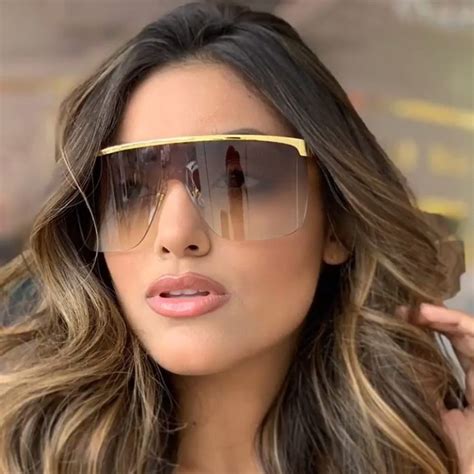 Qpeclou 2019 New Oversized Shield Sunglasses Women Men Big Metal Frameless Sun Glasses Female