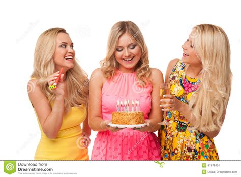 Three Blonde Girls Celebration Birthday With Cake And Champagne Stock Image Image Of Makeup