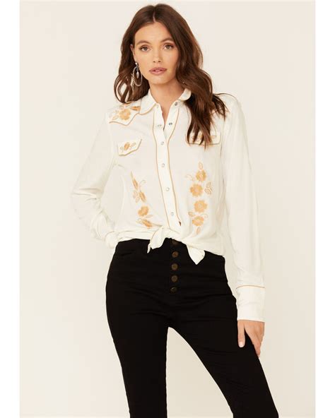 Stetson Womens White Poly Crepe Retro Embroidered Long Sleeve Snap Western Shirt Boot Barn