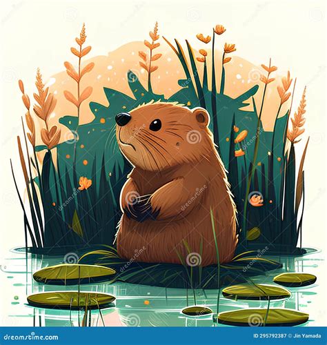 Cute Otter In The Swamp Vector Illustration Of A Wild Animal Stock
