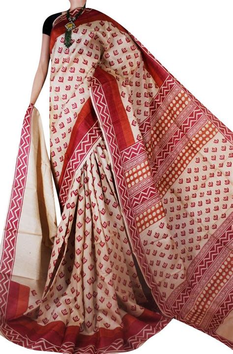 Buy Online Pastel Hand Block Printed Tussar Silk Saree In 2020 Tussar Silk Saree Silk Sarees