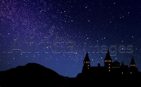 Fairy Tale World Magnificent Castle Under Starry Sky At Night Stock