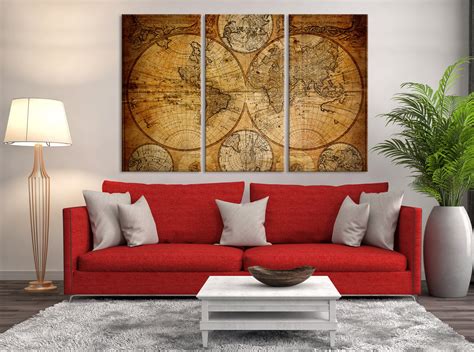 Large 3 Piece Vintage World Map Wall Art Map Canvas Print Etsy