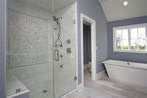 Master Bathroom Herringbone Tile Inlay Back Splash And Floor Over Sized Steam Shower