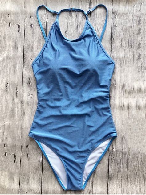 Open Back High Neck One Piece Swimsuit Blue Swimsuit High Neck One