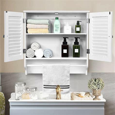 This towel bar and basket cabinet door organizer conquer kitchen and bathroom clutter while providing unique cabinet storage solutions. Bathroom Wall Cabinet with Towel Bar and Shelf Storage ...