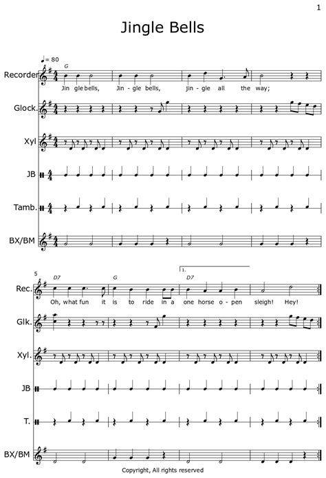 Jingle Bells Sheet Music For Recorder Glockenspiel Xylophone Agogo