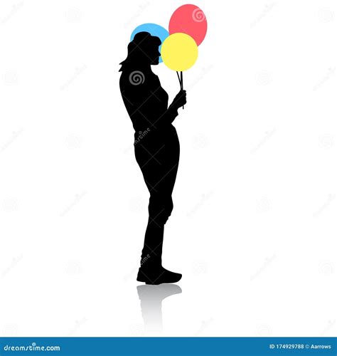 Silhouette Of A Girl With Balloons In Hand On A White Background Stock