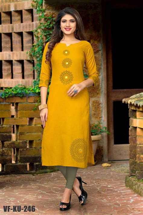 yellow colored beautiful printed straight cotton kurti plain kurti designs fancy kurti